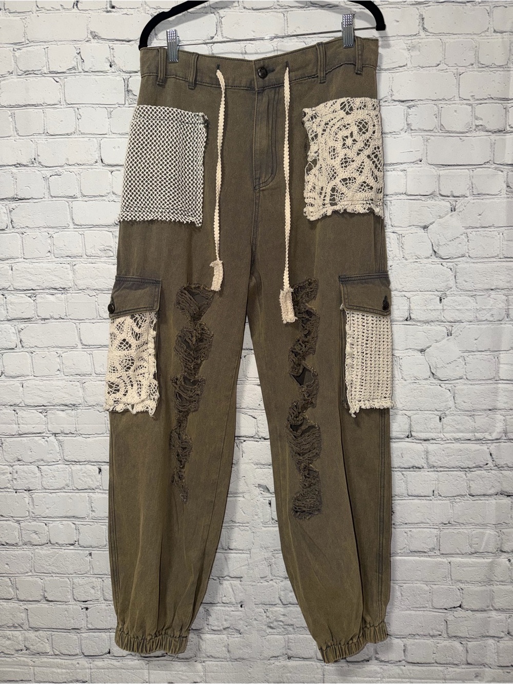 POL Olive Green Cargo Pants with Cream Crochet Patches